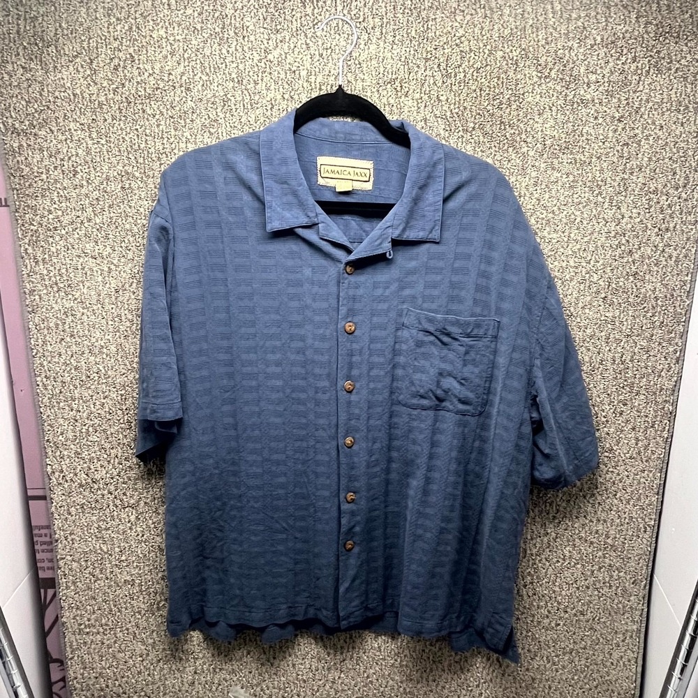 Jamaica Jaxx Hawaiian Shirt Mens 2XL Blue Geometric Silk Camp Collar Button Up